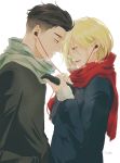  2boys black_hair blonde_hair brown_eyes cellphone coat earphones earphones green_eyes male_focus multiple_boys nyarulake open_mouth otabek_altin phone scarf shared_earphones smartphone smile yuri!!!_on_ice yuri_plisetsky 