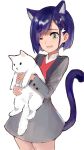  1girl absurdres animal_ears artist_request blue_hair cat cat_ears darling_in_the_franxx green_eyes hair_ornament hairclip highres holding holding_cat ichigo_(darling_in_the_franxx) one_eye_closed open_mouth short_hair simple_background standing tail uniform white_cat 