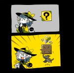  1girl 2koma ? ?_block black_hat cat comic commentary_request finger_to_mouth gameplay_mechanics grey_hair hat jumping komeiji_koishi light_bulb super_mario_bros. open_mouth pale_skin smile super_mario_bros. third_eye touhou wide_sleeves yt_(wai-tei) 