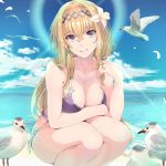  1girl bangs beach bikini bird blonde_hair blue_eyes breasts cleavage commentary_request day eyebrows_visible_through_hair flower granblue_fantasy hair_between_eyes hair_flower hair_ornament highres horizon jeanne_d&#039;arc_(granblue_fantasy) large_breasts light_rays lips long_hair looking_at_viewer naruse_hirofumi ocean outdoors parted_lips purple_bikini seagull side-tie_bikini sidelocks sky smile solo squatting sunbeam sunlight swimsuit 