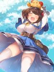  1girl :d ^_^ absurdres arms_up bangs blue_skirt blue_sky blush bow bowtie breasts brown_hair capelet closed_eyes clouds day draph eyebrows_visible_through_hair gluteal_fold granblue_fantasy hair_bobbles hair_ornament hairband highres horns kokka_han large_breasts long_sleeves open_mouth oppai_loli outdoors panties pantyshot pink_panties shirt short_hair skirt sky smile solo stuffed_animal stuffed_toy teddy_bear thigh-highs underwear white_legwear white_shirt yaia_(granblue_fantasy) 