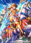  1girl bangs blue_eyes breasts brown_hair commentary company_connection copyright_name day eyebrows_visible_through_hair fingerless_gloves fire_emblem fire_emblem:_souen_no_kiseki fire_emblem_cipher fuji_choko gloves holding holding_sword holding_weapon horse horseback_riding long_hair looking_at_viewer medium_breasts mist_(fire_emblem) official_art open_mouth outdoors pleated_skirt riding skirt solo staff sword thigh-highs weapon zettai_ryouiki 