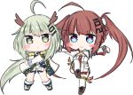  2girls :&gt; :&lt; ahoge anshan_(azur_lane) azur_lane bailingxiao_jiu bangs blue_eyes blush boots braid brown_footwear brown_hair cape chibi closed_mouth commentary_request cross-laced_footwear detached_sleeves dress epaulettes eyebrows_visible_through_hair fu_shun_(azur_lane) green_eyes green_hair hair_ornament heart heart-shaped_pupils horns lace-up_boots long_hair long_sleeves looking_at_viewer multiple_girls outstretched_arms parted_lips shoes short_dress sidelocks simple_background standing standing_on_one_leg symbol-shaped_pupils thigh-highs triangle_mouth twintails very_long_hair white_background white_cape white_dress white_footwear white_legwear 