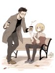  2boys bag bench bespectacled black_hair blonde_hair brown_eyes coat coffee_cup directional_arrow english glasses green_eyes male_focus multiple_boys nyarulake otabek_altin shoulder_bag sitting smile yuri!!!_on_ice yuri_plisetsky 