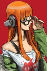  1girl black-framed_eyewear brown_eyes eyebrows_visible_through_hair fur_trim glasses green_jacket headphones highres imdsound jacket long_hair looking_at_viewer off-shoulder_shirt off_shoulder orange_hair persona persona_5 red_background sakura_futaba shirt upper_body 