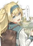  1girl alternate_costume backpack bag blonde_hair blue_eyes commentary_request gambier_bay_(kantai_collection) hair_between_eyes highres holding holding_map kantai_collection long_hair long_sleeves map negahami open_mouth simple_background solo speech_bubble tears translation_request twintails white_background 