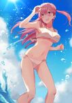  1girl :d absurdres bangs bikini blue_sky blush breasts clouds cloudy_sky day eyebrows_visible_through_hair hair_between_eyes hands_up highres legs_apart light_rays long_hair medium_breasts navel ocean one_side_up open_mouth original outdoors pink_eyes pink_hair revision senbei_(senbe_i) side-tie_bikini sky smile solo standing summer sunbeam sunlight swimsuit thighs white_bikini 