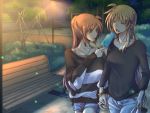  2girls bench blonde_hair bracelet brown_hair closed_eyes denim denim_shorts fate_testarossa hand_holding jeans jewelry long_hair long_sleeves lyrical_nanoha mahou_shoujo_lyrical_nanoha multiple_girls night pants park park_bench ponytail raising_heart shorts sweater takamachi_nanoha thigh-highs yu_okam1 yuri 