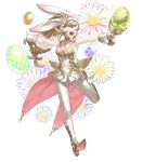  1girl animal_ears bangs blonde_hair breasts bunny_tail cleavage cleavage_cutout cup detached_sleeves dress earmuffs easter_egg fake_animal_ears fire_emblem fire_emblem_heroes flower full_body gloves gradient gradient_hair green_eyes highres holding kozaki_yuusuke long_hair low-tied_long_hair medium_breasts multicolored_hair official_art one_eye_closed open_mouth pink_hair polka_dot rabbit_ears see-through sharena short_dress smile solo striped tail transparent_background white_gloves 