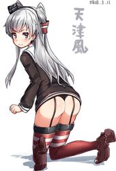  1girl amatsukaze_(kantai_collection) black_panties brown_dress brown_eyes character_name dress from_behind garter_straps hair_tubes hat highres kantai_collection kneeling long_hair looking_at_viewer looking_back mini_hat panties red_legwear sailor_collar sailor_dress short_dress silver_hair solo striped striped_legwear thong two_side_up underwear white_background white_sailor_collar windsock yufuissei0702 