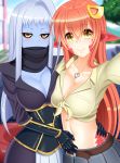  2girls absurdres ahoge artist_name belt black_scarf black_sclera blacksaikou blue_hair blue_skin blurry blurry_background breasts cleavage collarbone commentary day gauntlets hair_between_eyes hair_ornament hairclip hand_on_another&#039;s_waist highres jewelry lala_(monster_musume) lamia large_breasts long_hair looking_at_viewer midriff miia_(monster_musume) monster_girl monster_musume_no_iru_nichijou multiple_girls necklace outdoors outstretched_arm pointy_ears redhead scales scarf shirt skirt slit_pupils smile tied_shirt yellow_eyes 