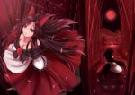  1girl animal_ears aosaki_kanade bamboo bamboo_forest bare_shoulders breasts brooch brown_hair cleavage collarbone dress forest imaizumi_kagerou jewelry long_hair moon multiple_views nature red red_eyes red_moon solo tail tears touhou very_long_hair wolf_ears wolf_tail 