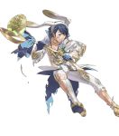  1boy alfonse_(fire_emblem) alternate_costume animal_ears blue_eyes blue_gloves blue_hair collarbone cracked_egg cracked_shell dirty dirty_clothes dirty_face fake_animal_ears fire_emblem fire_emblem_heroes flower full_body gloves hairband highres holding kozaki_yuusuke male_focus multicolored_hair one_eye_closed parted_lips pectorals rabbit_ears sweatdrop torn_clothes 