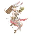  1girl animal_ears bangs blonde_hair breasts cleavage cleavage_cutout cup detached_sleeves dirty_clothes dirty_face dress earmuffs easter_egg fake_animal_ears fire_emblem fire_emblem_heroes full_body gloves gradient gradient_hair green_eyes high_heels highres holding kozaki_yuusuke long_hair low-tied_long_hair medium_breasts multicolored_hair official_art open_mouth pink_hair polka_dot rabbit_ears see-through sharena solo torn_clothes transparent_background white_gloves 
