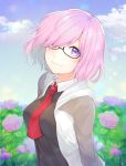  1girl black-framed_eyewear black_dress breasts clouds cloudy_sky collar commentary_request dress fate/grand_order fate_(series) floral_background glasses hair_over_one_eye highres jacket looking_at_viewer mash_kyrielight mizuiro_32 necktie pink_hair red_neckwear short_hair sky smile solo violet_eyes 