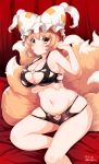  1girl :&lt; artist_name bangs bare_arms bare_legs bare_shoulders bikini black_bikini breast_hold breasts cleavage dated fox_tail halter_top halterneck hat heart large_breasts light_brown_hair looking_at_viewer multiple_tails navel ofuda pillow_hat shiny shiny_clothes short_hair signature sitting skindentation solo sweatdrop swimsuit tail tassel touhou white_hat wildcat_(kusonemi) yakumo_ran yellow_eyes 