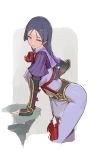  1girl bangs blue_eyes closed_mouth commentary ears_visible_through_hair fate/grand_order fate_(series) highres leaning_on_object long_hair looking_at_viewer minamoto_no_raikou_(fate/grand_order) multicolored multicolored_clothes purple_hair simple_background solo tassel tim_loechner 