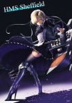  1girl :o apron armor azur_lane blonde_hair boots braid breasts chains character_name collar commentary_request cross dark_background dress dust facing_away frills garter_straps gun hair_over_one_eye high_heel_boots high_heels highres itaco1987 knee_boots knee_pads long_sleeves looking_at_viewer looking_to_the_side maid maid_apron maid_headdress rigging serious sheffield_(azur_lane) shell short_hair signature solo standing thigh-highs torpedo torpedo_launcher torpedo_tubes turret weapon white_apron yellow_eyes 