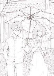  1boy 1girl akashi_(yojouhan) bag cowboy_shot drawfag flower glasses greyscale house monochrome outdoors short_hair short_sleeves shoulder_bag sketch umbrella watashi yojouhan_shinwa_taikei 