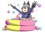  1girl animal_ears arms_up ball ball_pit black_bow black_hair blush bow bowtie closed_eyes eyebrows_visible_through_hair fox_ears fur_trim gloves gradient_hair grey_hair happy highres inflatable_pool jacket kemono_friends long_hair multicolored_hair nitouryuu_sankakkei open_mouth playground_equipment_(kemono_friends_pavilion) silver_fox_(kemono_friends) simple_background smile solo 