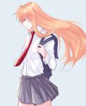  1girl blonde_hair fate_testarossa grey_background grey_skirt highres long_hair lyrical_nanoha mahou_shoujo_lyrical_nanoha mahou_shoujo_lyrical_nanoha_a&#039;s necktie red_eyes red_neckwear skirt smile solo spotlight_(artist) 