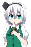  1girl blue_eyes breasts collared_shirt dango eating enushi_(toho193) food highres konpaku_youmu looking_at_viewer medium_breasts puffy_short_sleeves puffy_sleeves shirt short_sleeves silver_hair solo touhou vest wagashi 