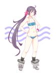  1girl ahoge akebono_(kantai_collection) bell bikini black_legwear blue_bikini commentary_request flat_chest flower full_body hair_bell hair_flower hair_ornament hands_on_hips highres jingle_bell kantai_collection long_hair navel purple_hair scrunchie shoes side_ponytail socks solo standing swimsuit very_long_hair violet_eyes white_background yuuji_(and) 