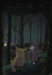  commentary commentary_request creature dark forest from_behind gen_1_pokemon graphite_(medium) grass ibui_matsumoto light looking_away looking_to_the_side mushroom nature night no_humans pikachu pokemon pokemon_(creature) rattata red_eyes traditional_media tree 