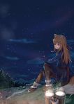  1girl animal_ears highres holo j.xh long_hair red_eyes solo spice_and_wolf star_(sky) tail wolf_ears wolf_tail 