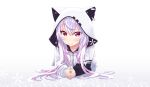  1girl absurdres akino_sora animal_ears animal_hood bangs cat_ears cat_hood closed_mouth collarbone commentary_request copyright_request eyebrows_visible_through_hair fingernails fingers_together hair_between_eyes highres hood hood_up hoodie long_hair long_sleeves looking_at_viewer lying on_stomach purple_hair red_eyes solo very_long_hair virtual_youtuber white_background white_hoodie 