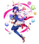  1girl amagai_tarou animal_ears armpits bangs blue_eyes blue_hair blue_legwear breasts capelet cleavage detached_sleeves easter_egg egg elbow_gloves eyebrows_visible_through_hair fake_animal_ears fire_emblem fire_emblem:_mystery_of_the_emblem fire_emblem_heroes flower frills full_body gloves hair_flower hair_ornament headband high_heels highres holding katua medium_breasts official_art open_mouth pelvic_curtain petals rabbit_ears short_hair solo thigh-highs transparent_background white_gloves 