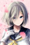  1girl blue_eyes cherry_blossoms gloves hair_ornament hair_over_one_eye hairclip hamakaze_(kantai_collection) highres kantai_collection karumi looking_at_viewer pink_background school_uniform serafuku short_hair silver_hair smile solo white_gloves yellow_neckwear 