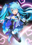  1girl ;d bangs black_gloves black_legwear blue_hair blue_skirt blush commentary_request elbow_gloves eyebrows_visible_through_hair full_body gloves glowstick green_eyes hair_between_eyes hair_ornament hatsune_miku hayama_eishi heart heart_hair_ornament holding holding_microphone looking_at_viewer microphone official_art one_eye_closed open_mouth outstretched_arm plaid plaid_skirt pleated_skirt purple_footwear purple_shirt sailor_collar shirt shoes sidelocks skirt sleeveless sleeveless_shirt smile solo standing standing_on_one_leg thigh-highs vocaloid white_sailor_collar winged_shoes wings 