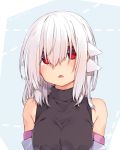  1girl adyisu albino altair_floone bangs blush breasts commentary_request detached_sleeves hair_over_eyes long_hair looking_at_viewer medium_breasts open_mouth original red_eyes shirt solo turtleneck twitter_username upper_body white_hair 