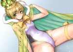  1girl ahoge arm_support artoria_pendragon_(all) bangs bare_arms blonde_hair blush bow braid breasts cape closed_mouth competition_swimsuit covered_navel crown dutch_angle eyebrows_visible_through_hair fate/grand_order fate_(series) fur-trimmed_cape fur_trim gradient gradient_background green_cape green_eyes grey_background hand_up highleg highleg_swimsuit light_particles marugoshi_(54burger) one-piece_swimsuit ribbon saber see-through short_hair sidelocks sitting small_breasts smile solo swimsuit thigh_ribbon thighs white_swimsuit yellow_bow yellow_ribbon 