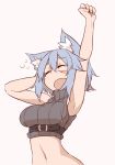  1girl animal_ears blue_hair breasts cat_ears cat_tail closed_eyes fang medium_breasts midriff navel open_mouth original ryota_tentei scar short_hair shorts simple_background solo tail tora_tentei 