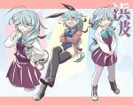  1girl animal_ears black_legwear black_leotard black_ribbon blue_vest blush boots bow bowtie braid brown_eyes bunnysuit cross-laced_footwear detached_collar dress fake_animal_ears grey_hair grey_legwear hair_over_one_eye hair_ribbon hamanami_(kantai_collection) highres jacket kantai_collection leotard long_hair long_sleeves multiple_persona ndkazh open_mouth pantyhose ribbon school_uniform shirt showgirl single_braid sleeveless thigh-highs vest white_shirt 