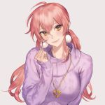 1girl ahoge aran_sweater earrings head_tilt heart heart_necklace highres idolmaster idolmaster_cinderella_girls idolmaster_cinderella_girls_starlight_stage jewelry jougasaki_mika long_hair looking_at_viewer low_twintails pink_hair simicomu smile solo sweater twintails yellow_eyes 