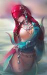  1girl breasts choseon fins fish_girl hair_ornament jewelry long_hair mipha monster_girl multicolored multicolored_skin no_eyebrows polearm red_skin redhead simple_background solo spear the_legend_of_zelda the_legend_of_zelda:_breath_of_the_wild trident water weapon yellow_eyes zora 