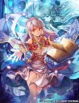  1girl bangle bare_shoulders blue_fire book bracelet circlet company_name detached_sleeves dress fire fire_emblem fire_emblem:_akatsuki_no_megami fire_emblem_cipher half_updo jewelry magic micaiah nij_24 official_art open_book outstretched_arm red_eyes ring silver_hair smile solo spoilers thighs yune 