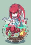  1girl blush chibi fins fish fish_girl hair_ornament highres jewelry long_hair looking_at_viewer mipha monster_girl multicolored multicolored_skin nazonazo_(nazonazot) no_eyebrows red_skin redhead smile the_legend_of_zelda the_legend_of_zelda:_breath_of_the_wild yellow_eyes zora 
