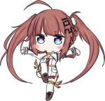  1girl :&gt; ahoge azur_lane bailingxiao_jiu bangs blue_eyes blush boots braid brown_footwear brown_hair chibi closed_mouth cross-laced_footwear detached_sleeves dress eyebrows_visible_through_hair fu_shun_(azur_lane) full_body lace-up_boots long_hair long_sleeves looking_at_viewer outstretched_arms short_dress sidelocks simple_background solo standing standing_on_one_leg thigh-highs twintails very_long_hair white_background white_dress white_legwear 