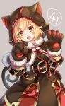  1girl :d animal_hood bangs belt_buckle black_belt black_capelet black_dress blonde_hair blush brown_eyes buckle capelet cat_ears cat_hood cat_tail commentary_request crystal djeeta_(granblue_fantasy) dress eyebrows_visible_through_hair fang fur-trimmed_capelet fur-trimmed_gloves fur_trim gloves gomano_rio granblue_fantasy grey_background hair_between_eyes head_tilt highres hood hood_up hooded_capelet looking_at_viewer open_mouth paw_gloves paws simple_background smile solo tail 