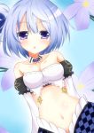  1girl ahoge bare_shoulders blue_hair blush breasts character_request cleavage flower_knight_girl frills frown highres looking_at_viewer maid maid_headdress medium_breasts midriff navel open_mouth shironeko_haru short_hair solo violet_eyes 