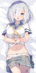  1girl blue_eyes blue_skirt blush breasts collarbone hair_ornament hair_over_one_eye hairclip hamakaze_(kantai_collection) highres kantai_collection large_breasts looking_at_viewer lying meth_(emethmeth) navel on_back on_bed open_mouth panties pleated_skirt school_uniform serafuku short_hair short_sleeves signature silver_hair skirt solo underwear upper_body white_panties 