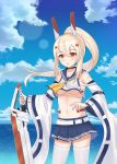  1girl :d absurdres ayanami_(azur_lane) azur_lane bandaid_on_arm bangs bare_shoulders biako blue_skirt blue_sky blush breasts brown_eyes clouds cloudy_sky commentary_request crop_top crop_top_overhang day eyebrows_visible_through_hair hair_between_eyes hair_ornament headgear high_ponytail highres holding light_brown_hair long_hair long_sleeves medium_breasts midriff navel ocean open_mouth outdoors pleated_skirt ponytail revision school_uniform serafuku shirt skirt sky sleeveless sleeveless_shirt smile solo standing thigh-highs under_boob very_long_hair water white_belt white_legwear white_shirt wide_sleeves zettai_ryouiki 