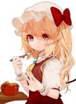  1girl ascot blonde_hair bow brooch closed_mouth commentary_request eyebrows_visible_through_hair flandre_scarlet frown gotoh510 hair_between_eyes hat hat_bow holding holding_spoon jewelry looking_at_viewer mob_cap nail_polish pointy_ears puffy_short_sleeves puffy_sleeves red_bow red_eyes red_nails red_skirt red_vest short_hair short_sleeves side_ponytail simple_background skirt solo table tears touhou upper_body vest white_background wings wrist_cuffs yellow_neckwear 