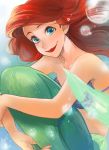  1girl ano_(sbee) ariel_(disney) artist_name bikini_top blue_background blue_eyes bubble disney happy lipstick long_hair looking_at_viewer makeup mermaid monster_girl redhead shell shell_bikini simple_background smile the_little_mermaid underwater water 