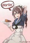  1girl ashigara_(kantai_collection) beret brown_eyes brown_hair commentary cosplay curry curry_rice english fang food hat heart heart-shaped_pupils jervis_(kantai_collection) jervis_(kantai_collection)_(cosplay) kantai_collection misumi_(niku-kyu) open_mouth ponytail rice smile symbol-shaped_pupils teeth 