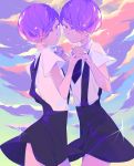  amethyst_(houseki_no_kuni) androgynous braid clouds gem_uniform_(houseki_no_kuni) hair_over_one_eye hand_holding houseki_no_kuni interlocked_fingers looking_at_viewer minim_(nnininn) necktie purple_hair siblings sky sparkle suspenders twins violet_eyes 